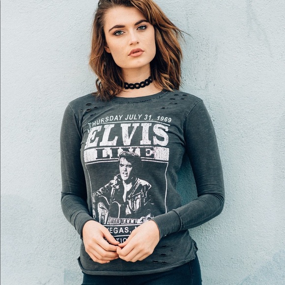 Recycled Karma Tops - Recycled Karma Distressed Long-Sleeve Elvis Tee XS